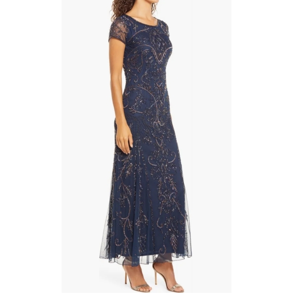 NWT Pisarro Nights Beaded Mesh Midi Cocktail Dress in Navy - Picture 4 of 16
